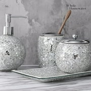 whole housewares bathroom accessories set, 4-piece glass mosaic bath accessory completes with lotion dispenser/soap pump, cotton jar, vanity tray, toothbrush holder (silver)