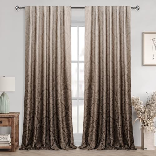 Hiasan Back Tab Ombre Blackout Curtains for Bedroom - 96 inches Length Elegant Damask Design Tieable Window Drapes Thermal Insulted Light Blocking Curtains for Living Room, 2 Panels, W52 x L96, Brown