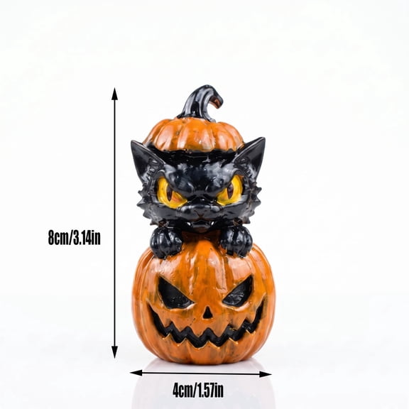 Halloween Pumpkin & Black Cat Resin Figurine, Spooky Jack O Lantern Statue Tabletop Ornaments for or Home Party Indoor Decoration
