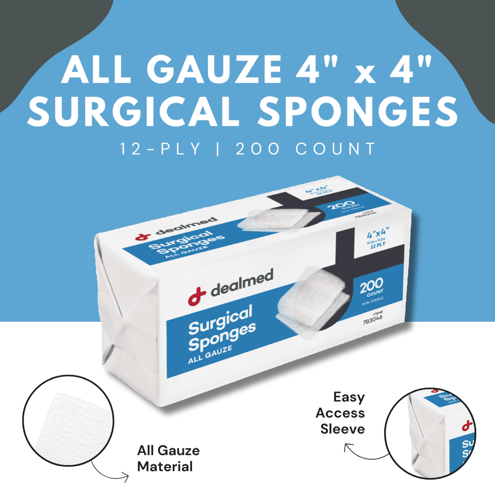 Dealmed 4" x 4" Gauze Sponges, 12-Ply Non-Sterile Woven Gauze Pads for Wound Care, First Aid Kits and Medical Facilities, 200 Count (4 Pack)