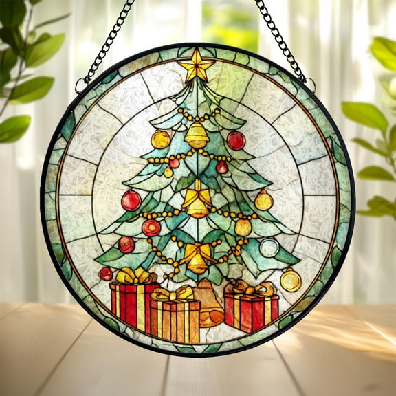 Christmas Tree Stained Glass Suncatcher, Holiday Window Hanging Ornament with Gifts and Decorations, Festive Winter Home Decor Gift