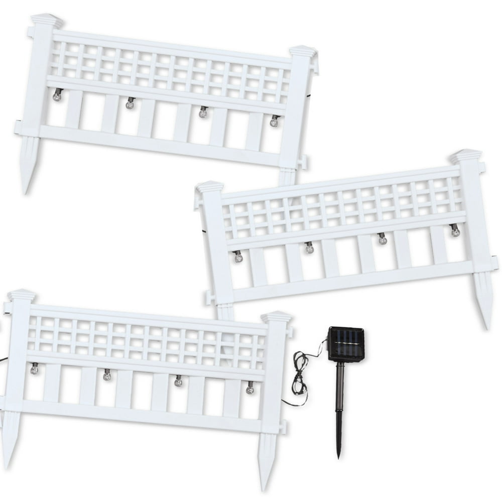 Solar Powered White Garden Border Fence, White Set of 3 Panels Edge