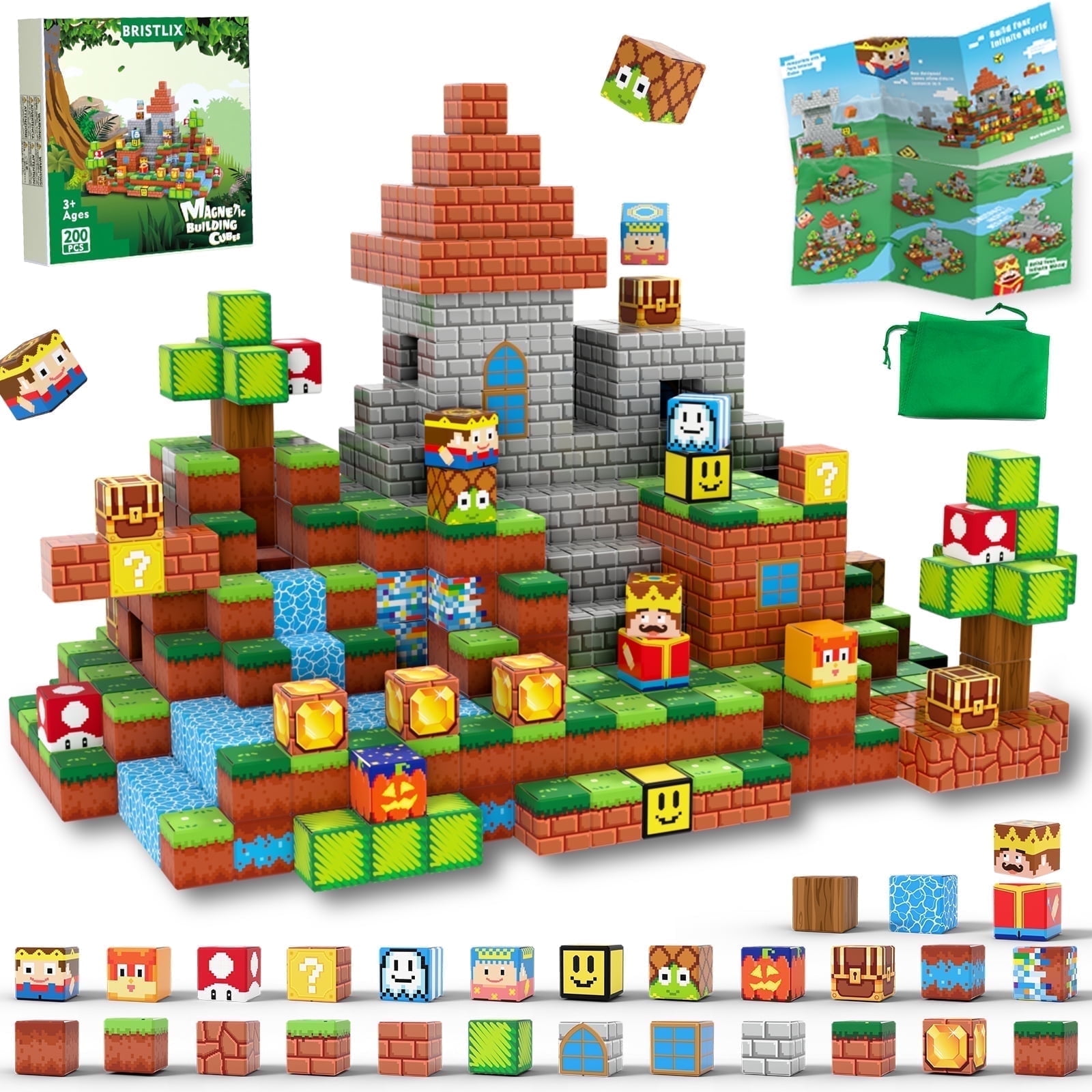 BRISTLIX 200PCS 0.8in Magnetic Building Blocks - Castle Theme STEM Toys for Kids 3+, Multicolor Learning Cubes for School & Home, Birthday Gift for Boys & Girls