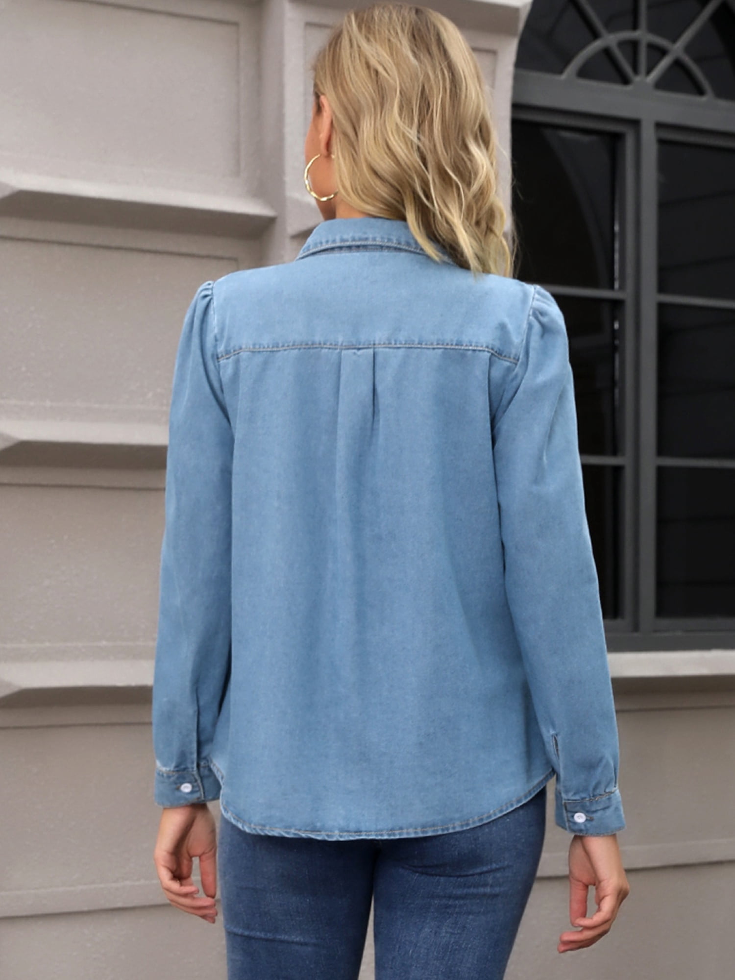 DARING DIVA Women's Denim Pleated Front Puff Long Sleeve Button Down Shirts S Blue