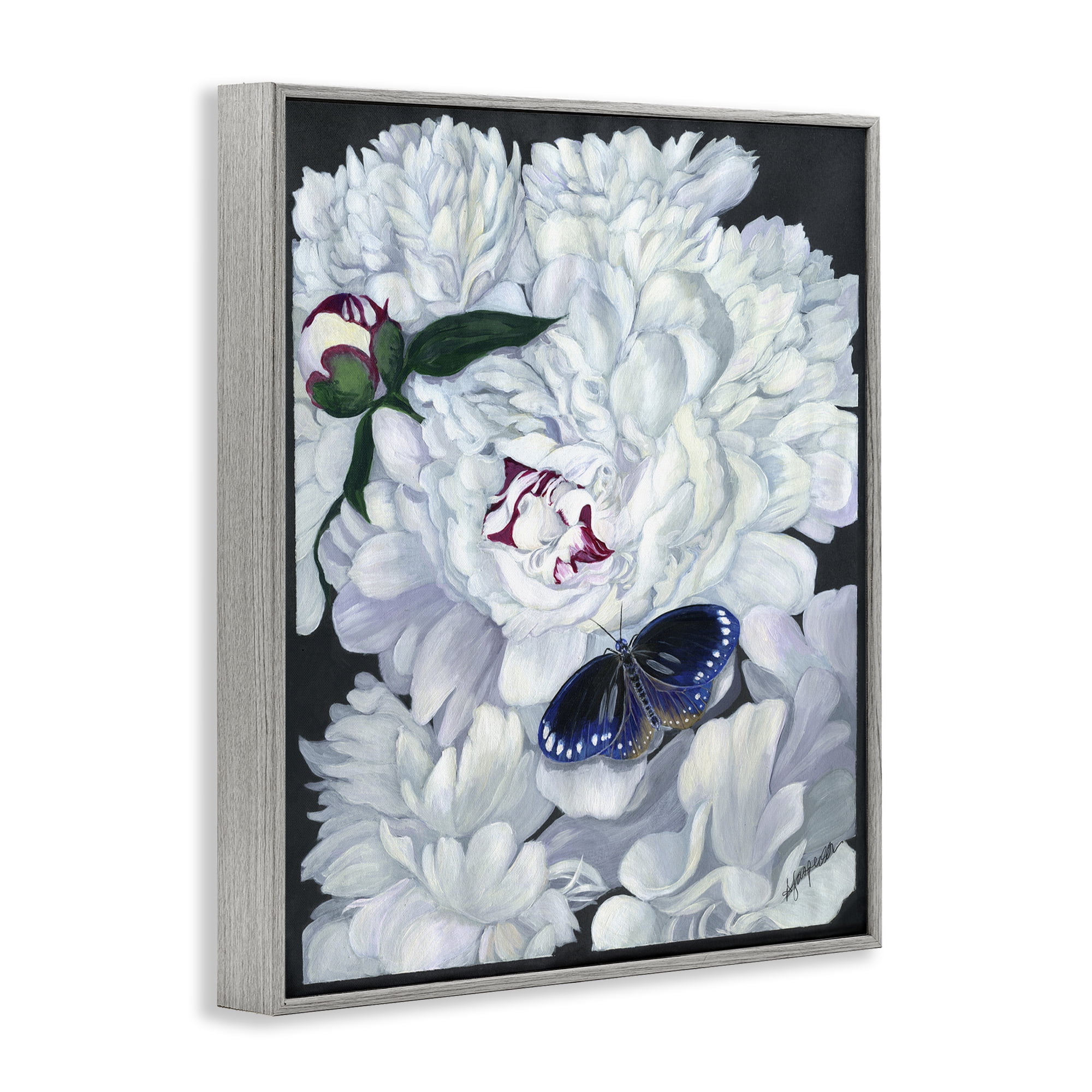Stupell Industries Vintage Peony & Butterfly Animals & Insects Painting Gray Framed Art Print Wall Art, 24 x 30