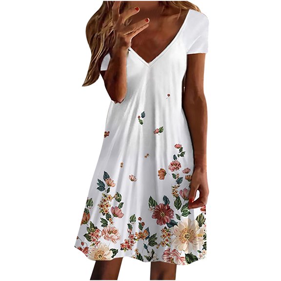 Women Dresses Sale Clearance,Ladies Midi Dresses Bohemian Beach Hawaiian Dress Short Sleeve Vintage Dress Baggy Loose Floral Printed Casual Dress V-Neck Holiday Dress