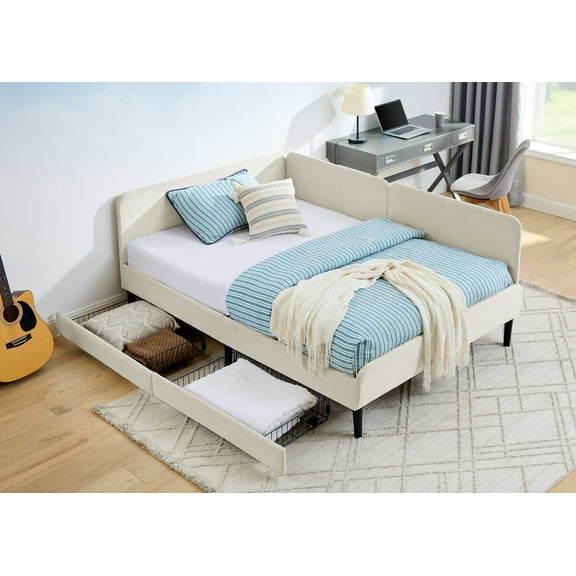 AENKYO Full Size Upholstered Daybed with Adjustable Backrest, Velvet Sofa Bed Frame with 2 Storage Drawers, Beige