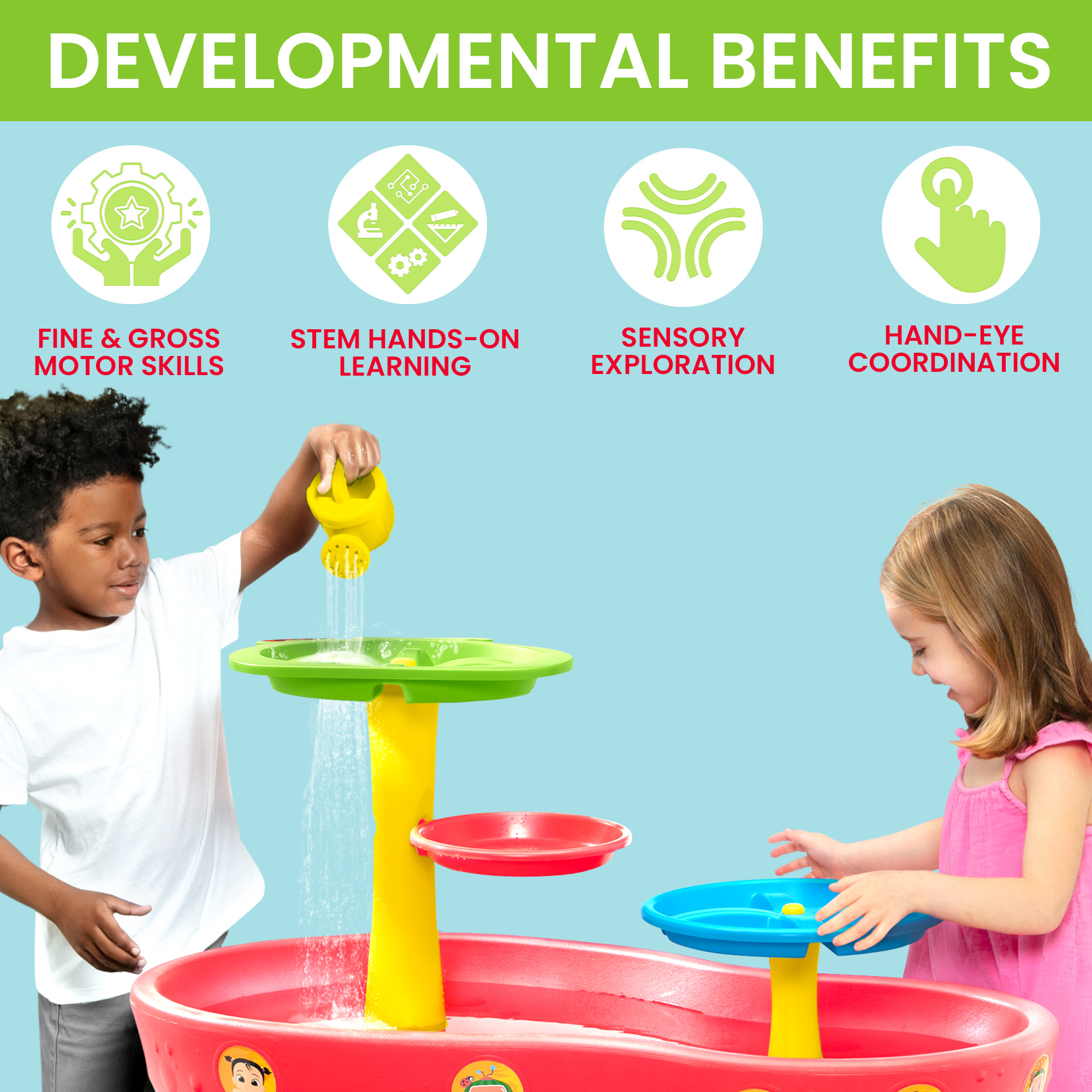 CoComelon Water Table by Delta Children- 3-Tier Water Play Table with 9-Piece Toy Set - Water Sensory Table + Summer Beach Toys for Outside Backyard for Toddlers Ages 2+, Blue