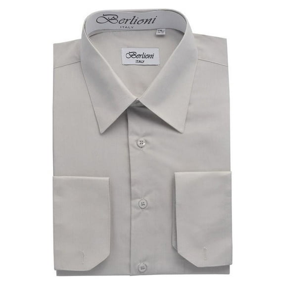Berlioni Italy Men's Premium Classic French Convertible Cuff Long Sleeve Dress Shirt Silver Small 32/33