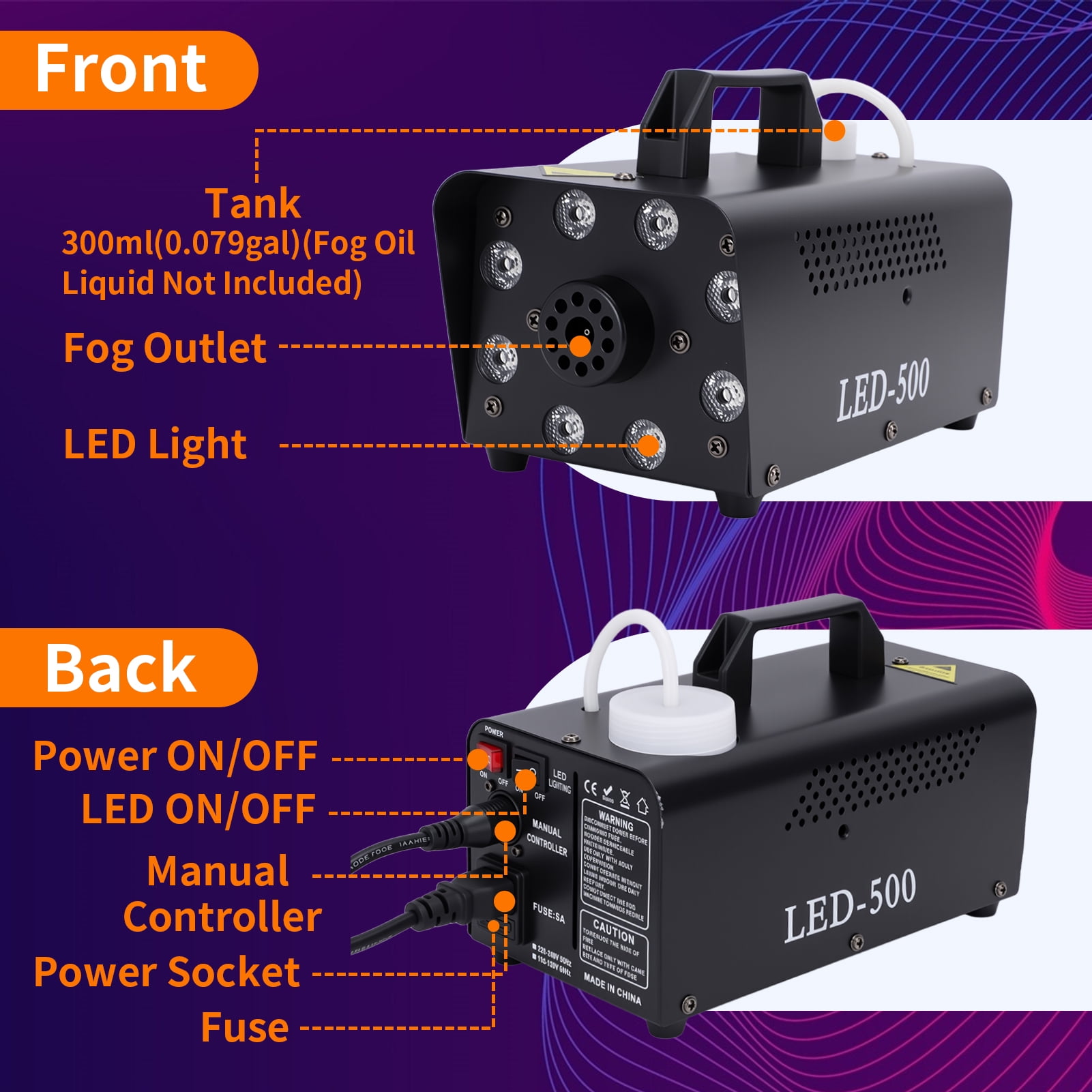 Fog Machine with 13 Colorful LED Lights Effect, 500W Smoke Machine with 1 Wired Receiver and Wireless Remote Controls, Auto Mode 2000CFM Fog, Perfect for Wedding, Halloween, Party and Stage Effect
