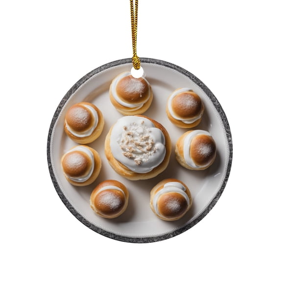 Semla Swedish Round Cardamom Buns, Almond Paste, Whipped Cream Sweden Christmas Ornament, Food Foodie Novelty Xmas Tree Gift Accessory Funny Ornaments (Flat Design Printed on Ceramic, NOT 3D)