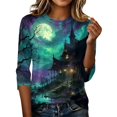 thumbnail image 5 of Womens 3/4 Sleeve Crew Neck Halloween T Shirts Shirts Thanksgiving Autumn Graphic Tee Tops Blue L, 5 of 7