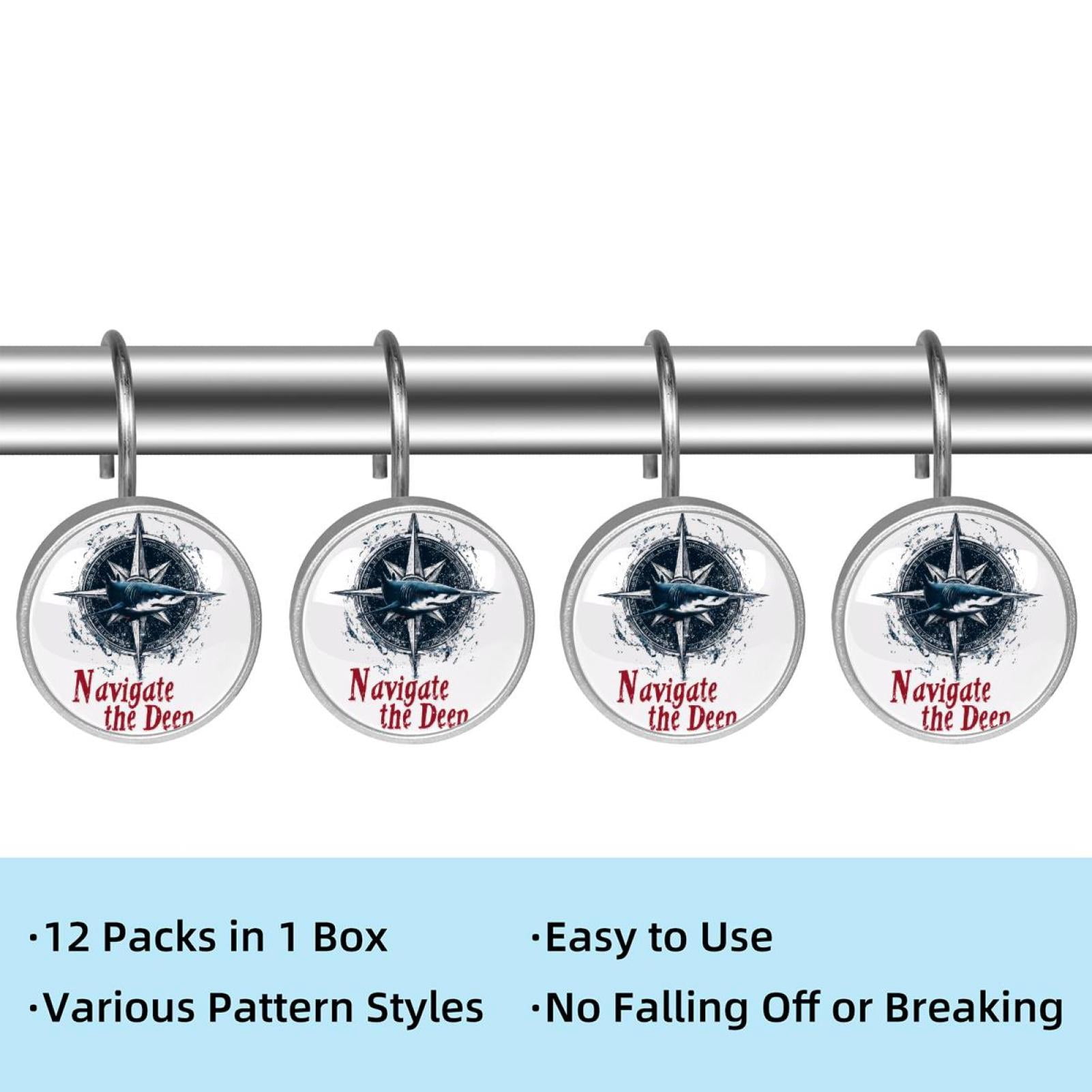 12pcs Decorative Shower Curtain Hooks, Rust Resistant Shower Rings for Bathroom Living Room,Rustproof Stainless Steel Rings for Shower Curtain and Liner Rods,Navigate Shark