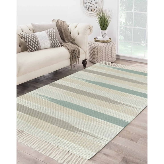 Abstract,Large Area Rug 4x6ft Woven Runner Rug,Beige Teal Geometric Minimalistic Brush Stripes Washable Living Room Bedroom Kitchen Bathroom Classroom Carpet with Tassels,Indoor Outdoor Door Mat