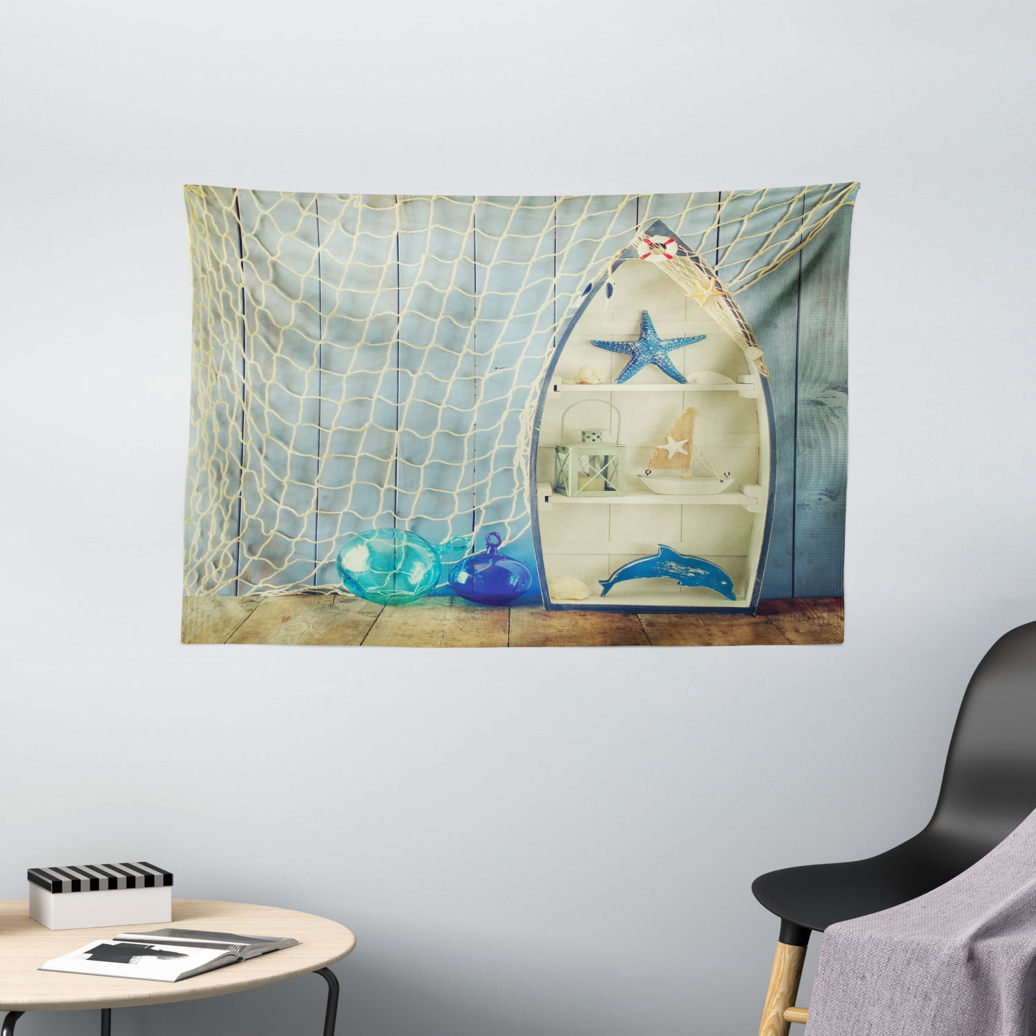 Nautical Decor Tapestry, Nautical Boat Against Wall with Other Aquatic