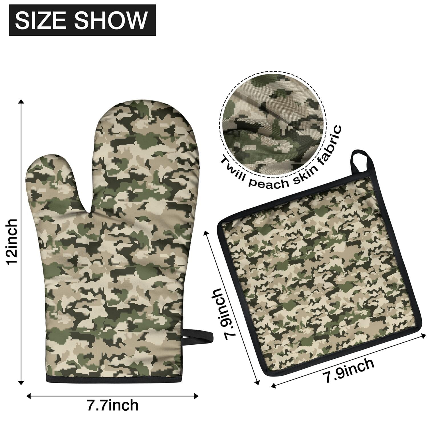 Camouflage Oven Mitts and Pot Holders Set Of 4, Heat Resistant Kitchen Gloves with Non-Slip Grip, Hanging Loop, Soft Cotton Lining for Baking, Cooking, Grilling, Barbecue