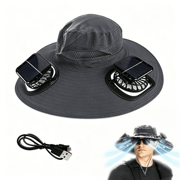 Wide Brim Sun Hat with 2 Solar Fans, Solar & USB Rechargeable, Men and Women Sun Fan Hat with 7 Blades and 3 Speeds for Hiking, Camping and Fishing