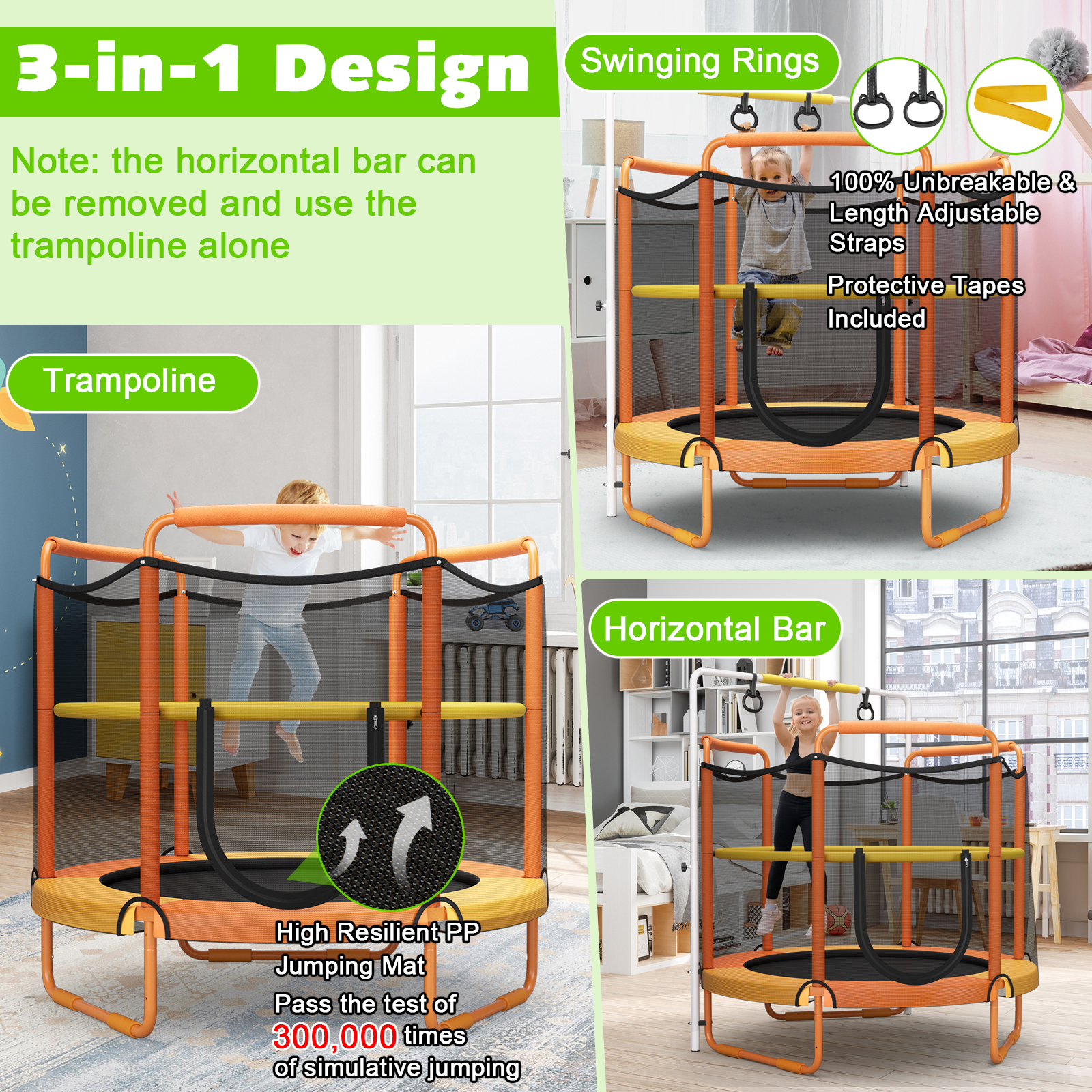 Topbuy 60 Inch Kids Trampoline, 330 LBS 3-in-1 Trampoline w/ Swinging Rings 3-Level Height Adjustable Horizontal Bar Orange