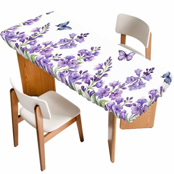 Purple Flowers Table Cloths for 8 Foot Rectangle Tables, Butterfly Spring Floral Watercolor Farmhouse Patio Waterproof Elastic Fitted Tablecloths, Washable Rectangular Table Cover for Camping