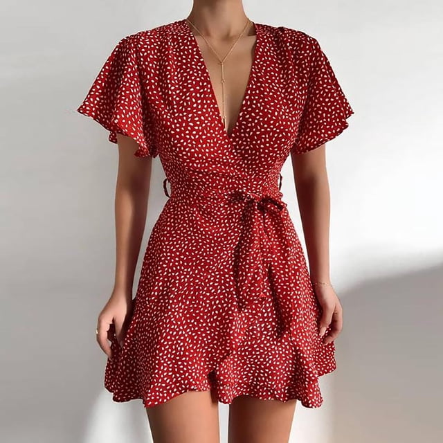 Qiopertar Liquidation à Moins de 5$ Robe d'Été Mode Femme Manches Courtes Col en V Décontractée Longueur Genou Liquidation jusqu'à 65 % de Réduction