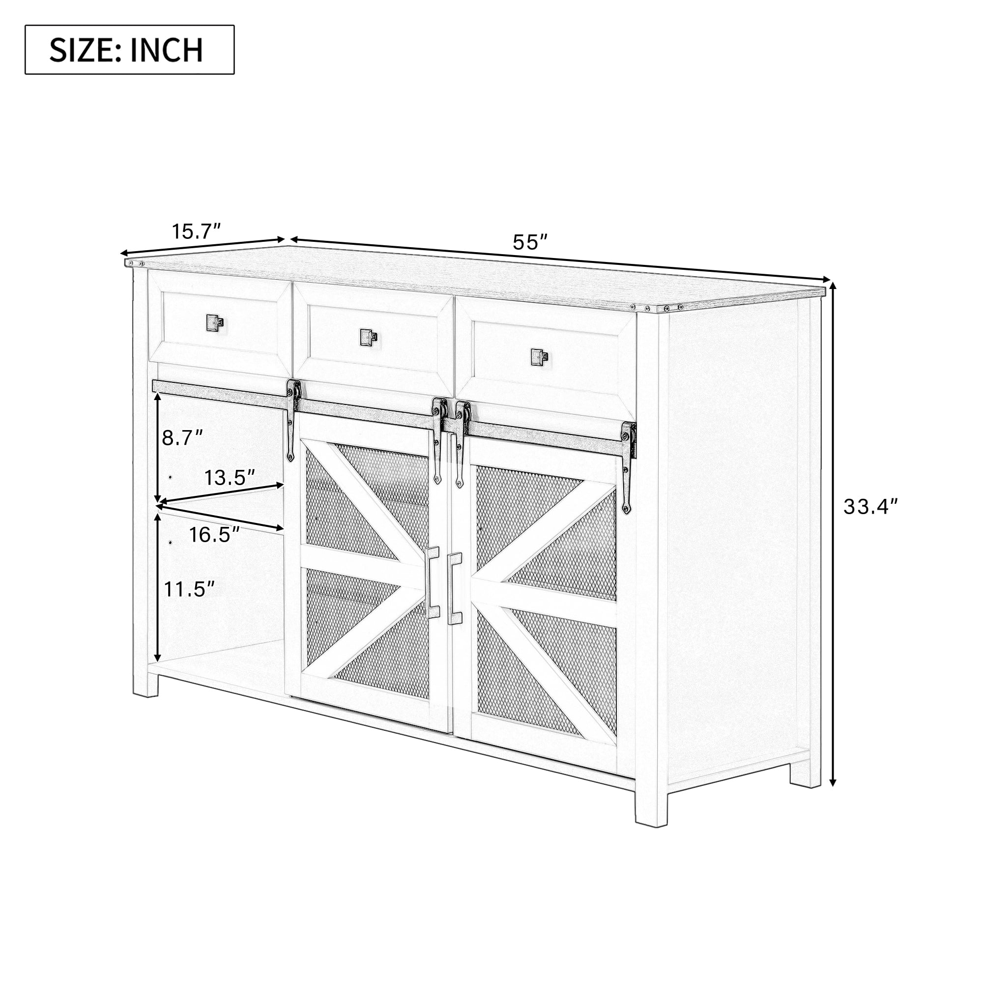 Leumius 55In Sliding Barn Door Sideboard Buffet Cabinet with 3 Drawers, Adjustable Shelves, Metal Mesh & Particleboard Doors, Aluminum Handles, Industrial Storage for Living or Dining Room Blue