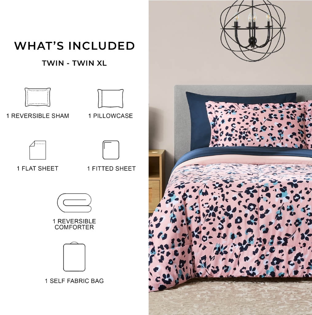 Mainstays Bed-in-a-Bag Reversible Comforter and Sheet Set, 5-Piece, Twin-XL, Pink Animal Print