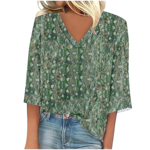Blusas de Manga Corta para las Mujeres de Moda Sólida Camiseta Casual con Cuello en V, Ligero Top de Verano para Diario