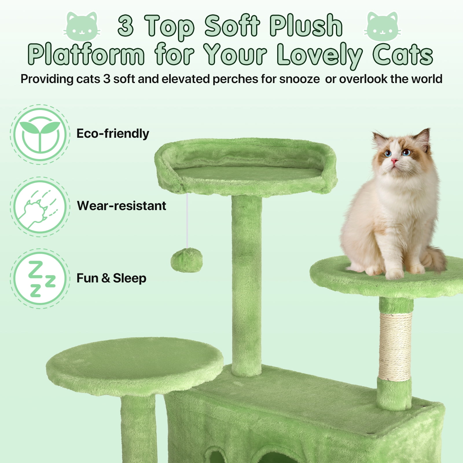 70" Cat Tree Cat Condo Cat Trees and Towers Multi-Level Activity Center Cat Playhouse with Sisal Scratching Posts & Perch for Kittens, Easy to Assemble, Green