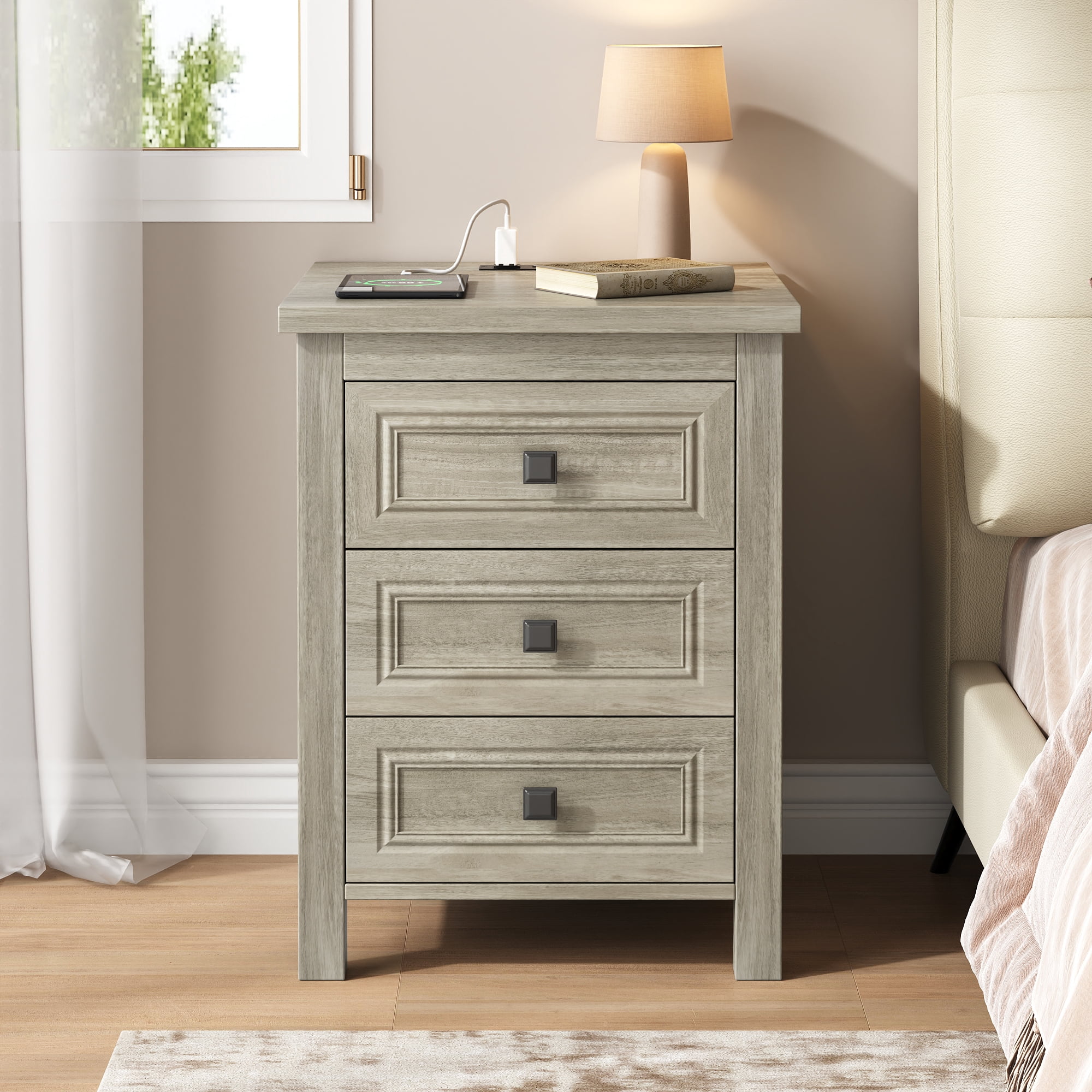 Nightstand, Bedside Table with Charging Station, Farmhouse 3 Drawer Nightstand Rustic Night Stand End Tables for Bedroom Living Room