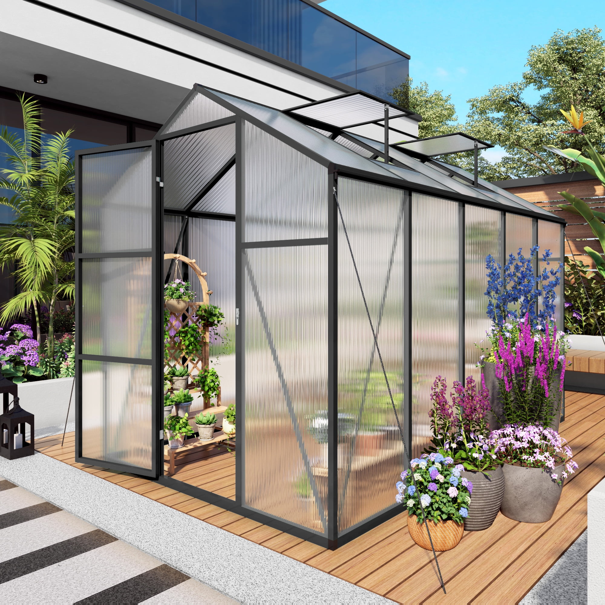 Vigo huseeo 6x10FT Extra-Height Version Polycarbonate Greenhouse, Walk-in Outdoor Greenhouse with Aluminum Frame for Backyard, Black