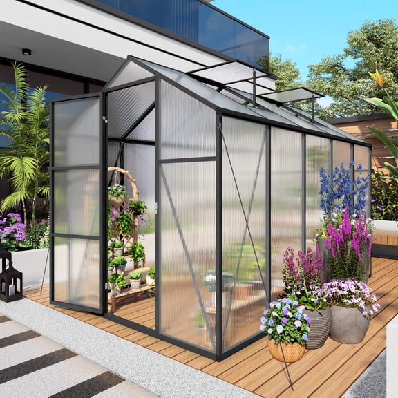 Mootloxy 6x10FT Extra-Height Version Polycarbonate Greenhouse, Walk-in Outdoor Greenhouse with Aluminum Frame for Backyard, Black