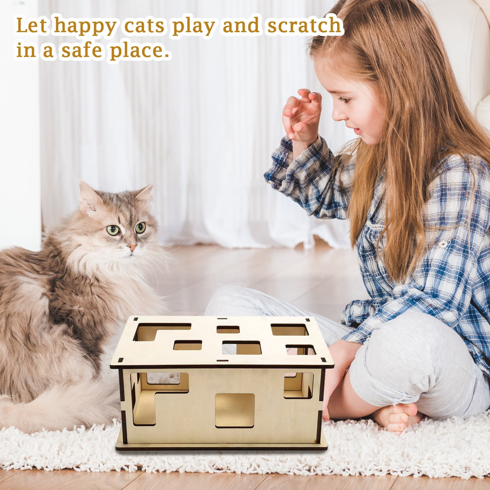 Cat Puzzle Toys Wooden Maze Box for Indoor Cats，Interactive Smart Brain Trainer with Hide and Seek Ball Game，Mental Enrichment Toys to Reduce Boredom，Natural Wood，Wood Color