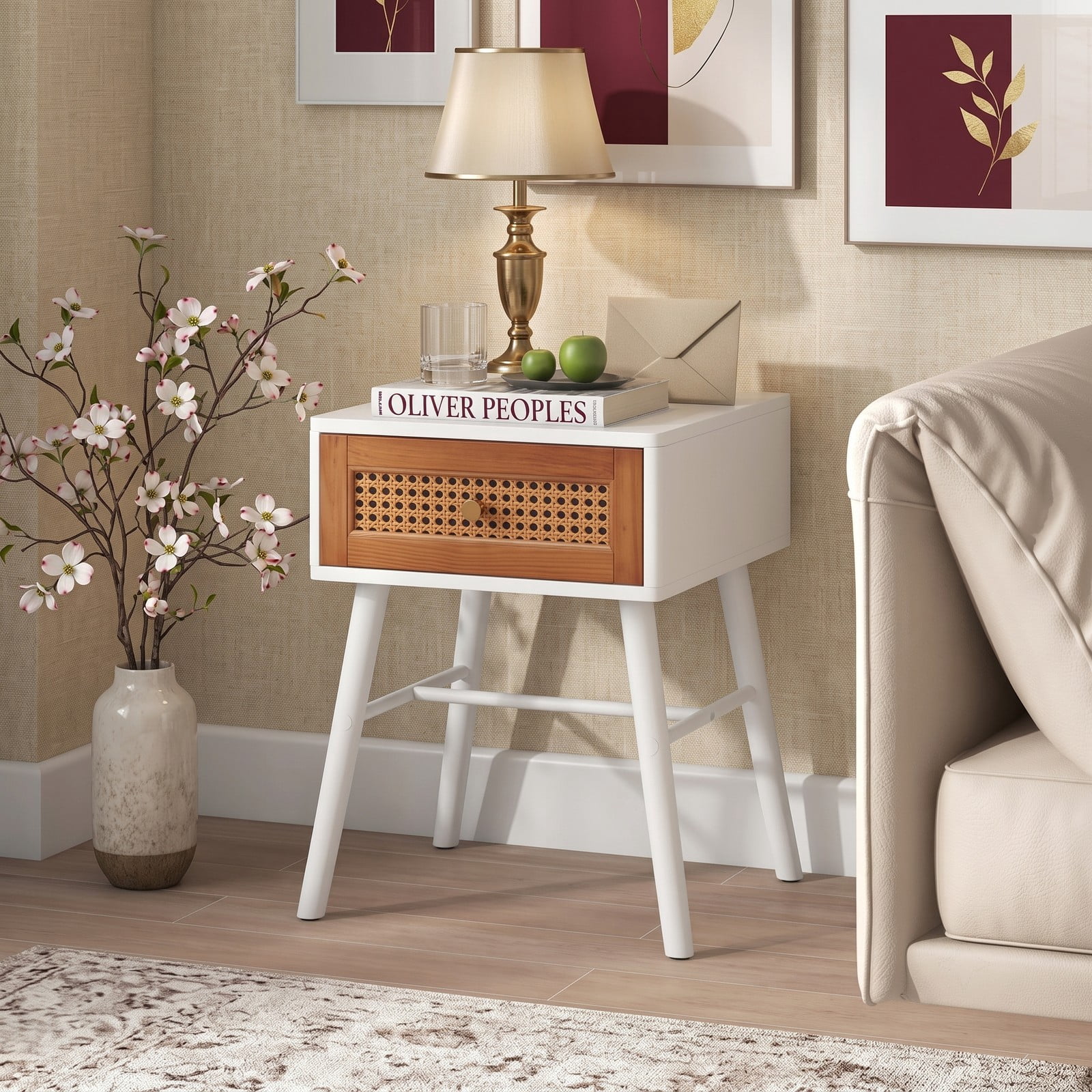 Furnibear Rattan Nightstand Mid Century Modern Accent Bedside Table with Drawer and Wood Legs for Bedroom and Living Room, White