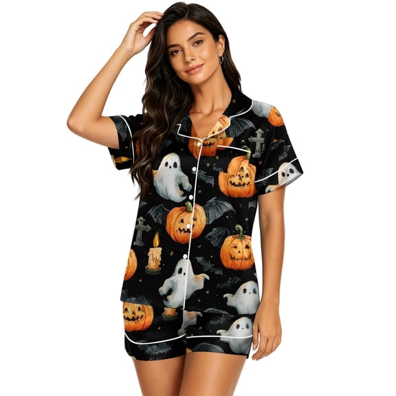 MVRLSH Womens Pajama Sets for Women 2 Piece Halloween Print Button Waist Short Sleeve Top And Shorts wear Sleepwear Soft Sleepwear Lounge Set Black - L