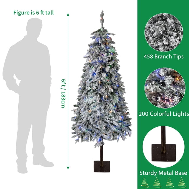 BeesClover 6/7 Ft Snow Flocked Pre-Lit Xmas Tree, Realistic PE Branches, 200 Multi-Color Lights, Full Christmas Tree with Sturdy Metal Stand