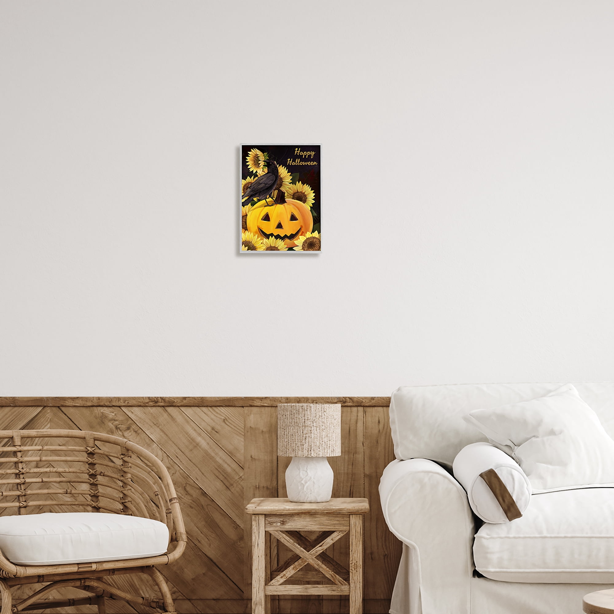 Stupell Industries Crow on Jack-o-Lantern Holiday Painting Gray Framed Art Print Wall Art, 11 x 14