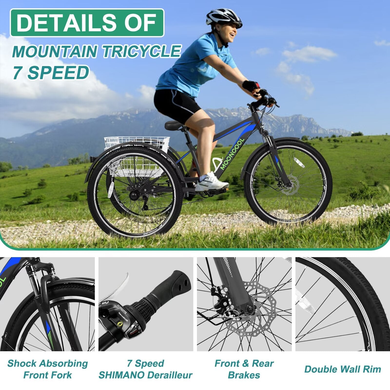 MOPHOTO 24"/26" Mountain Tricycle for Women/Men, 7 Speed Adult Mountain Trike Bicycle with Big Basket, 3 Wheel Bike Cruise Bike, Adult Trike, for Exercise