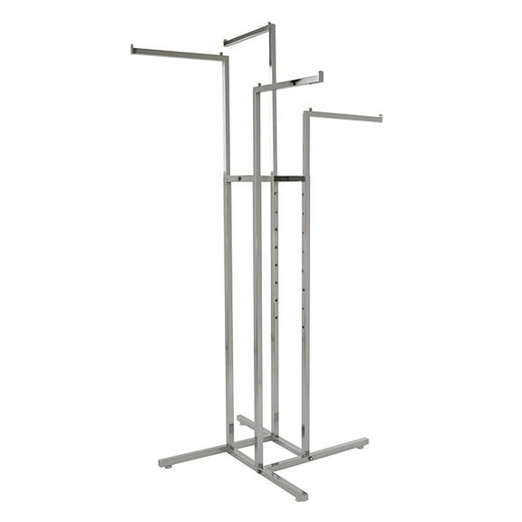 Four Way Clothing Rack - Heavy Duty 4-Way Rack Adjustable Height Arms Square Tubing Clothing Store Display with 4 Straight Arms 32” Floor Space