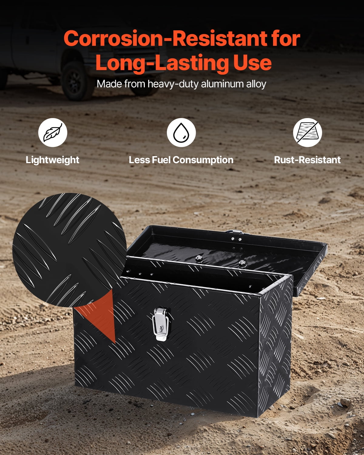 VEVOR Heavy Duty Aluminum Truck Bed Tool Box, Stripes Plated Tool Box with Side Handle and Top Handle, Storage Toolbox Chest Organizer for Trailer, Pickup, Truck Bed, RV, 16"x7.5"x10", Black