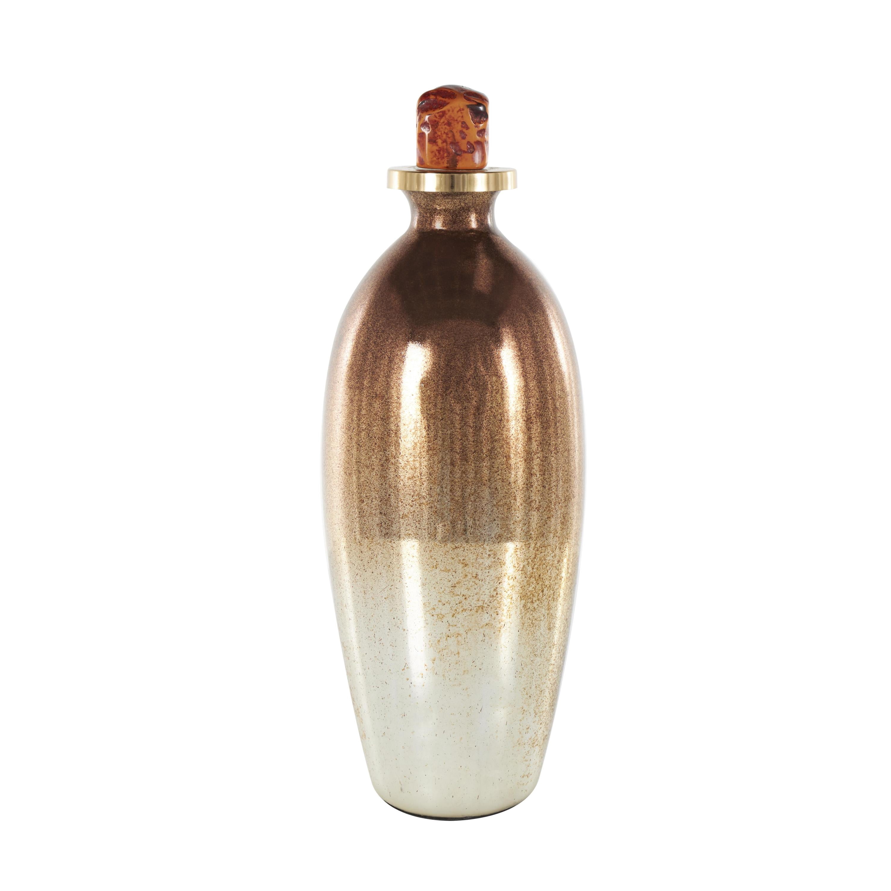 DecMode 6" x 17" Copper Glass Speckled Ombre Decorative Jars with Textured Top Knob and Gold and Beige Accents, 1-Piece