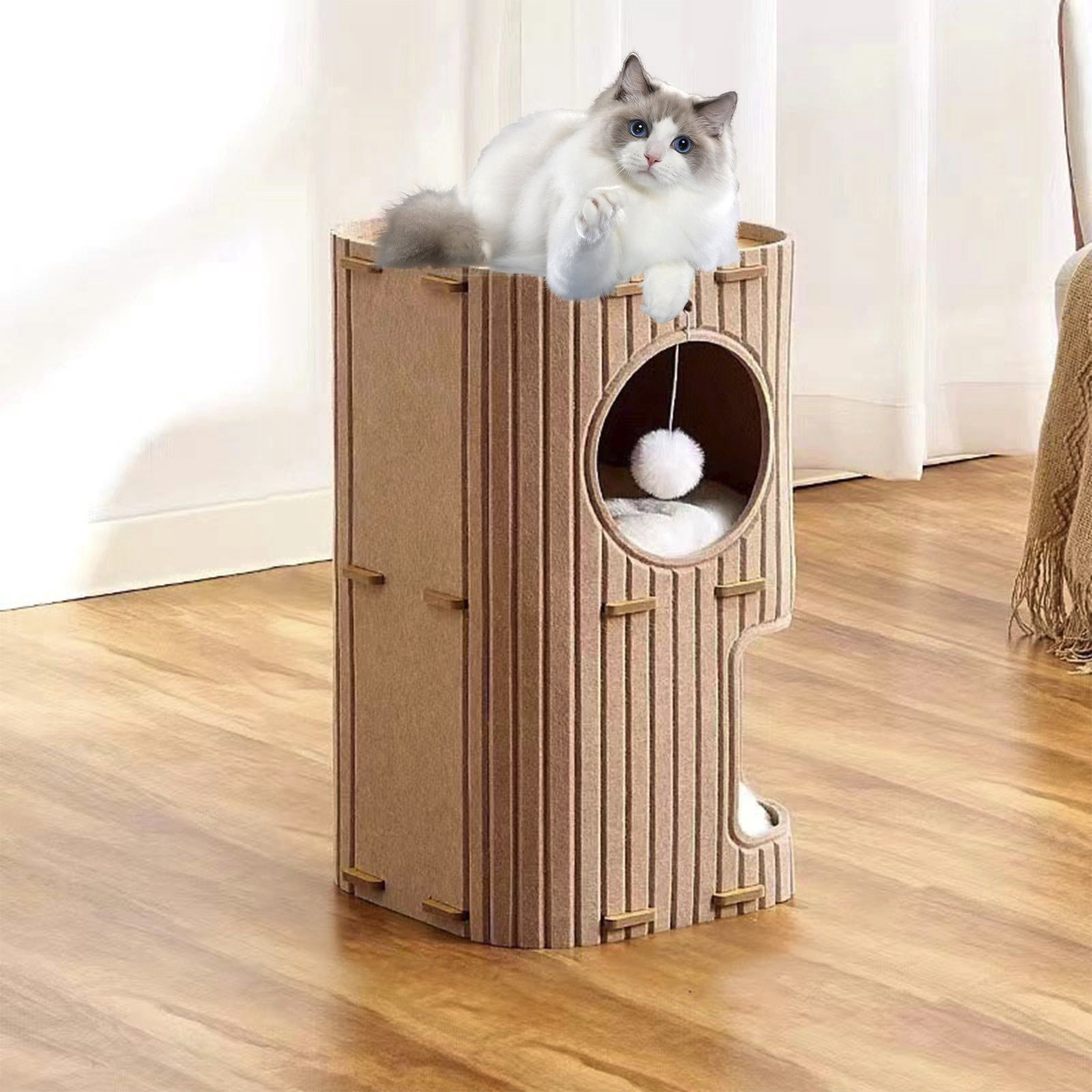 2-Story Felt Cat House With Washable Mats,Indoor Cat Bed Cave For Multiple Pets,14.57x14.57x23.62 Inch Cozy Hideaway With Tunnel,Detachable Design For Easy Cleaning,Brown And Green