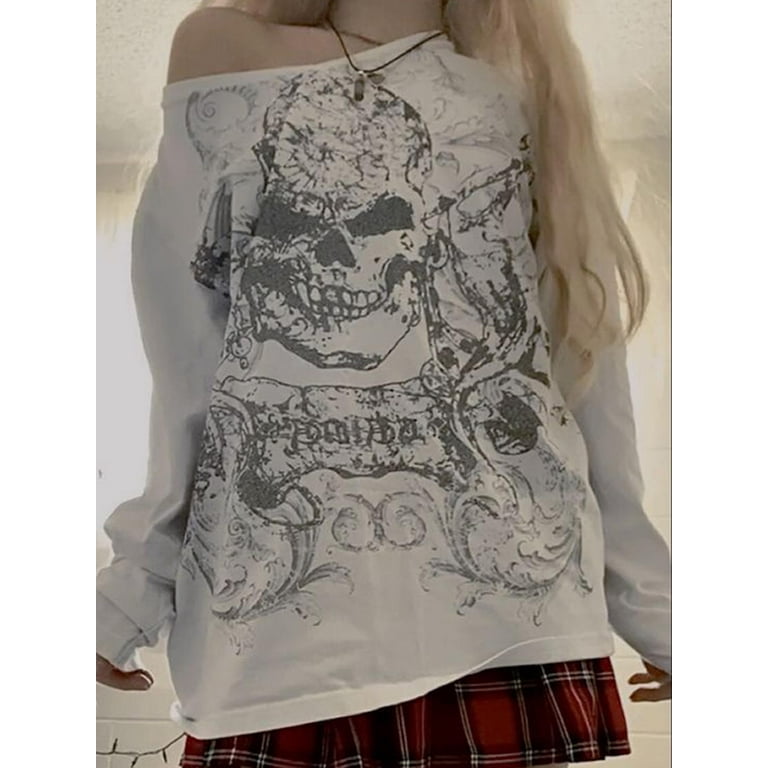 Cyber y2k Tops Women Grunge Aesthetic Clothes Skull Print Graphic T Shirts  Punk Gothic Clothing (E1-Blue, S) at  Women's Clothing store