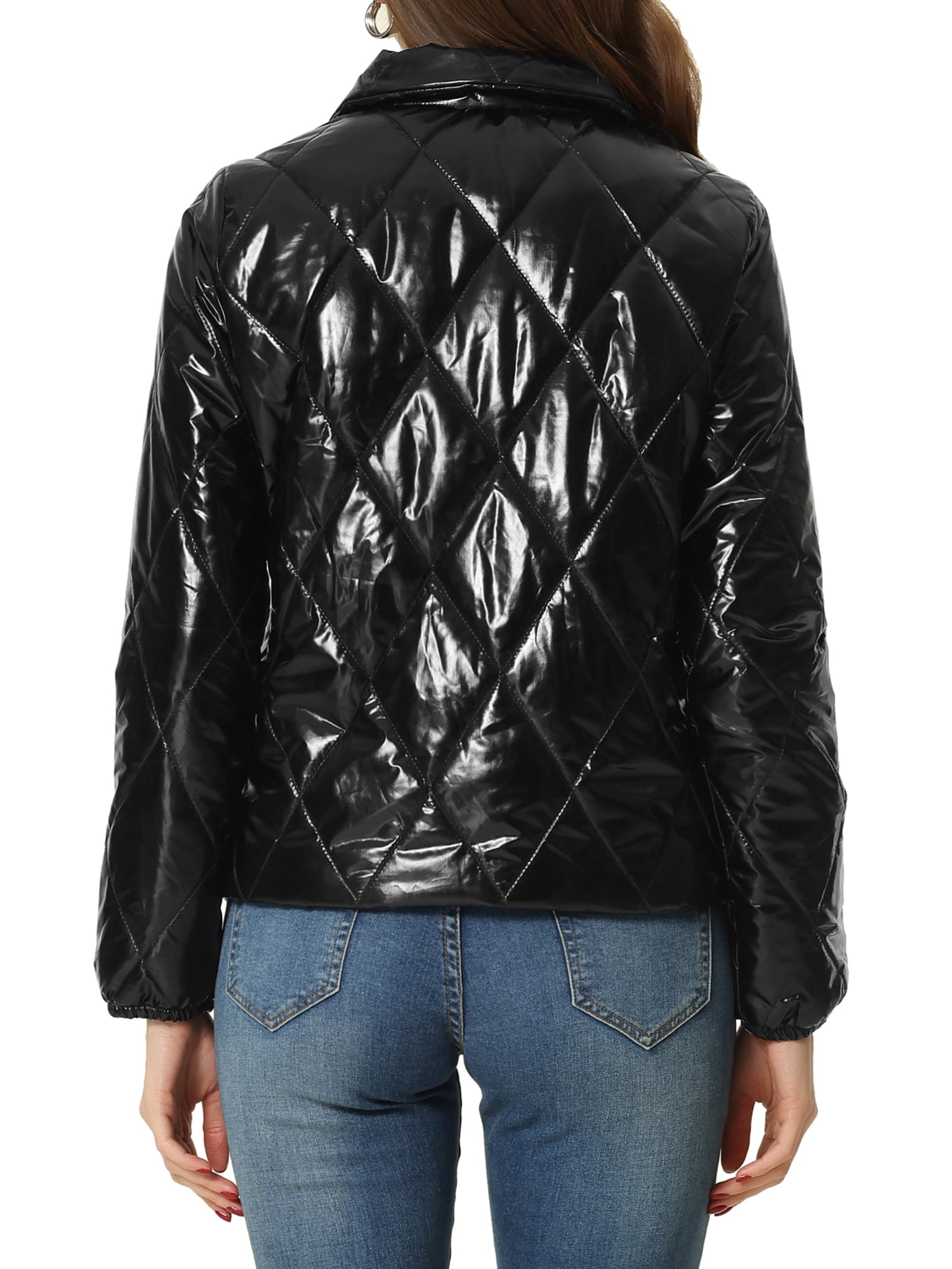 INSPIRE CHIC Women's Holographic Zipper Quilting Metallic Short Puffer Coat Jacket