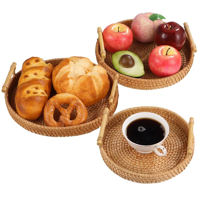 3 bandejas de cesta de ratán, cesta redonda de mimbre para servir, bandeja de ratán con asas, bandeja de almacenamiento tejida a mano, bandeja tejida para servir pan, frutas, aperitivos, café, bebidas