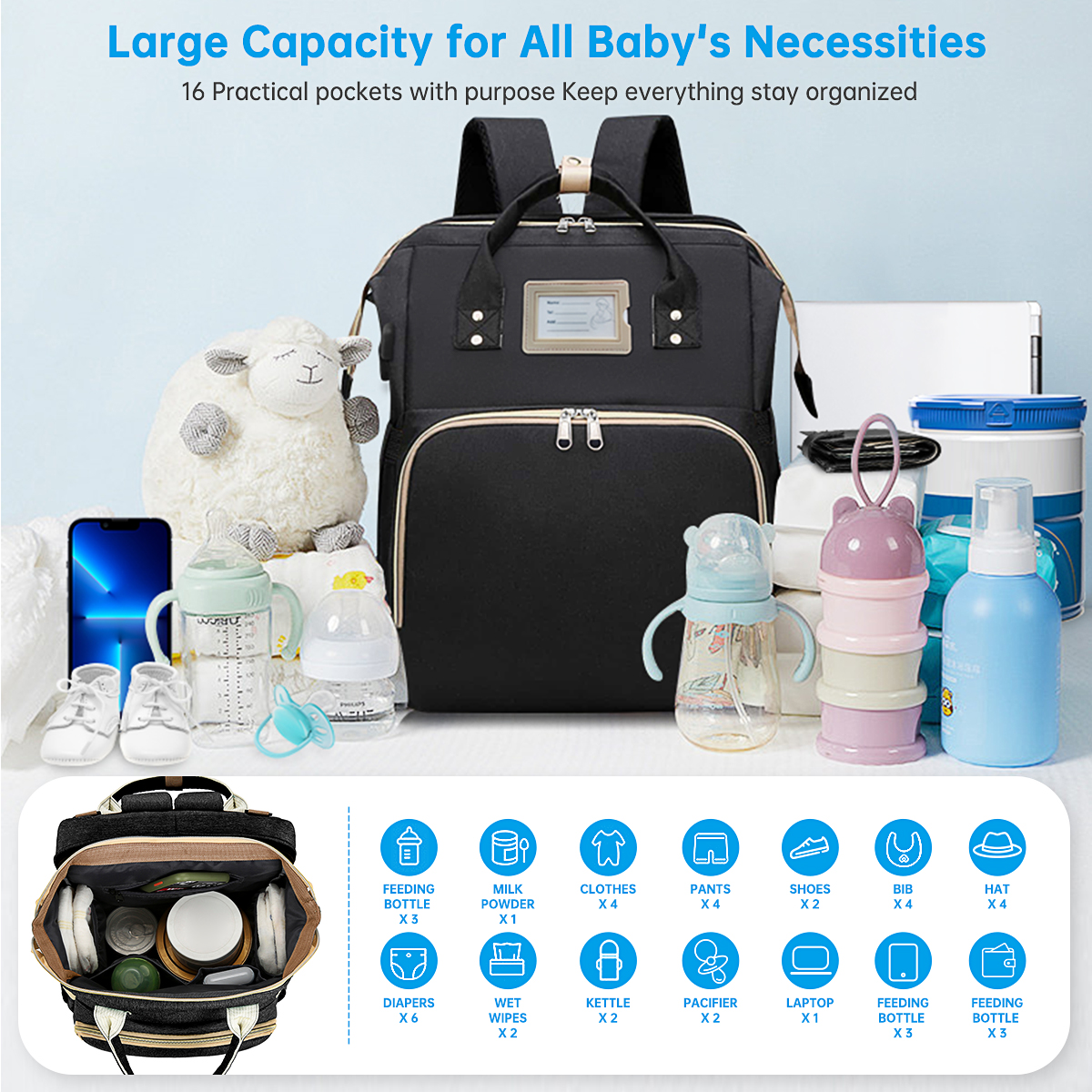 Diaper Bag Backpack, Multifunctional Baby Changing Bag with Foldable Crib & Insulated Milk Bottle Pocket, Large Capacity Travel Backpack with USB Charging Port & Stroller Strap (Black) - image 2 of 7