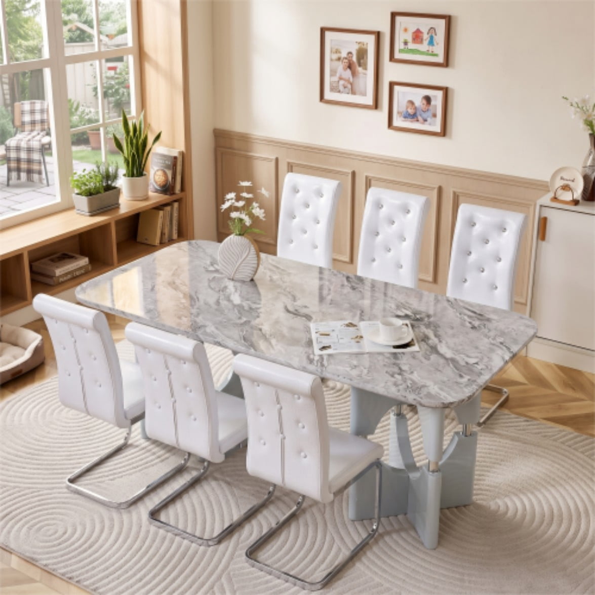Marble Dining Table, Modern MDF Kitchen Table for 2-4 People, Compact Dining Room Table with Hollow Metal Frame for Small Spaces, Gray