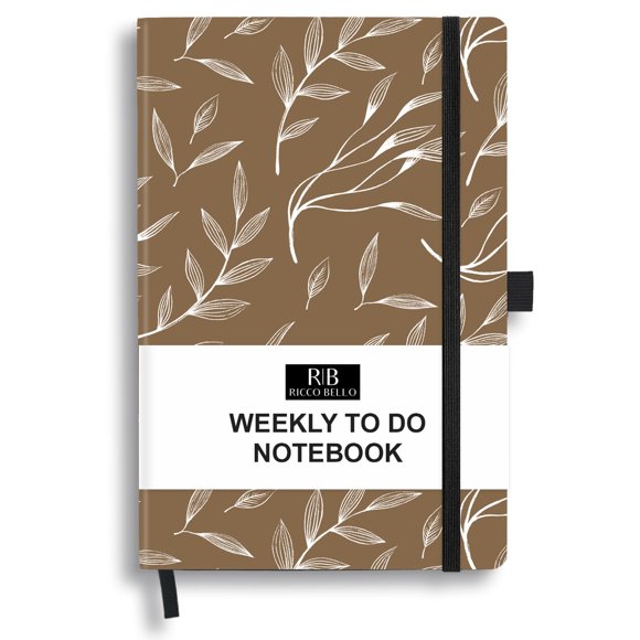 RICCO BELLO Undated Weekly Planner To Do Notebook | Hardcover, for Work, School, Home with Pen Holder, Bookmark, Band Closure, Storage Pocket, 5.7 x 8.4 Inches (Brown Leaf)
