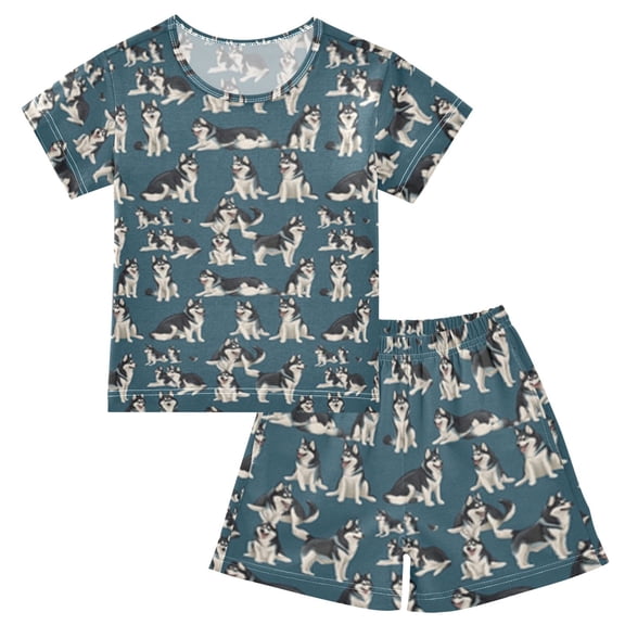 Summer Short Sleeve Pajama Sets Husky Flat Vector Different Moves Patterns Sleepwear Nighty 95% Cotton (5-14Y)