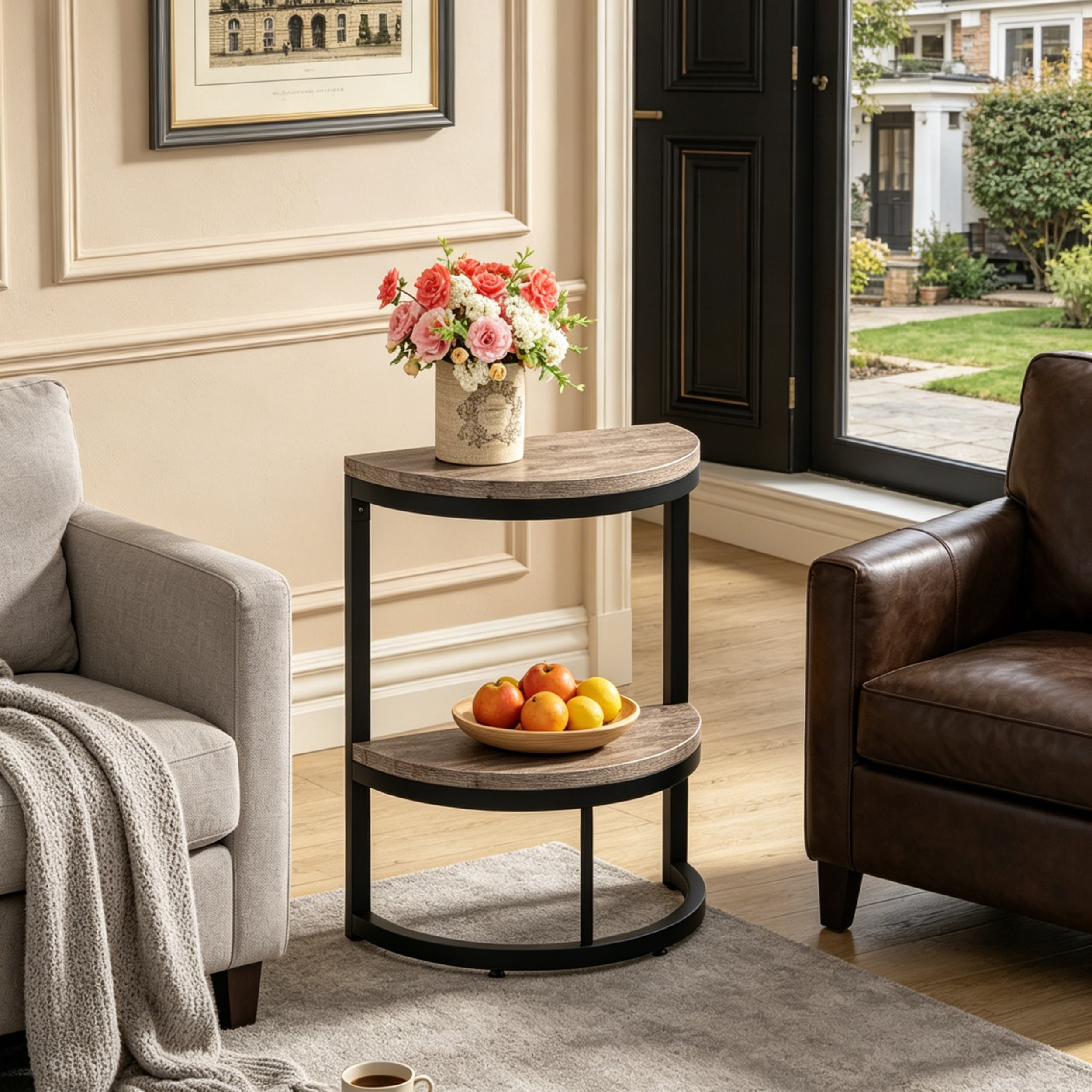 Fnova 2-Tier Half Moon End Table, Modern Wooden Narrow Sofa Side Table, Slim Accent Table Nightstand with Storage Shelf, Easy Assembly, for Living Room, Bedroom, Entryway, Small Space