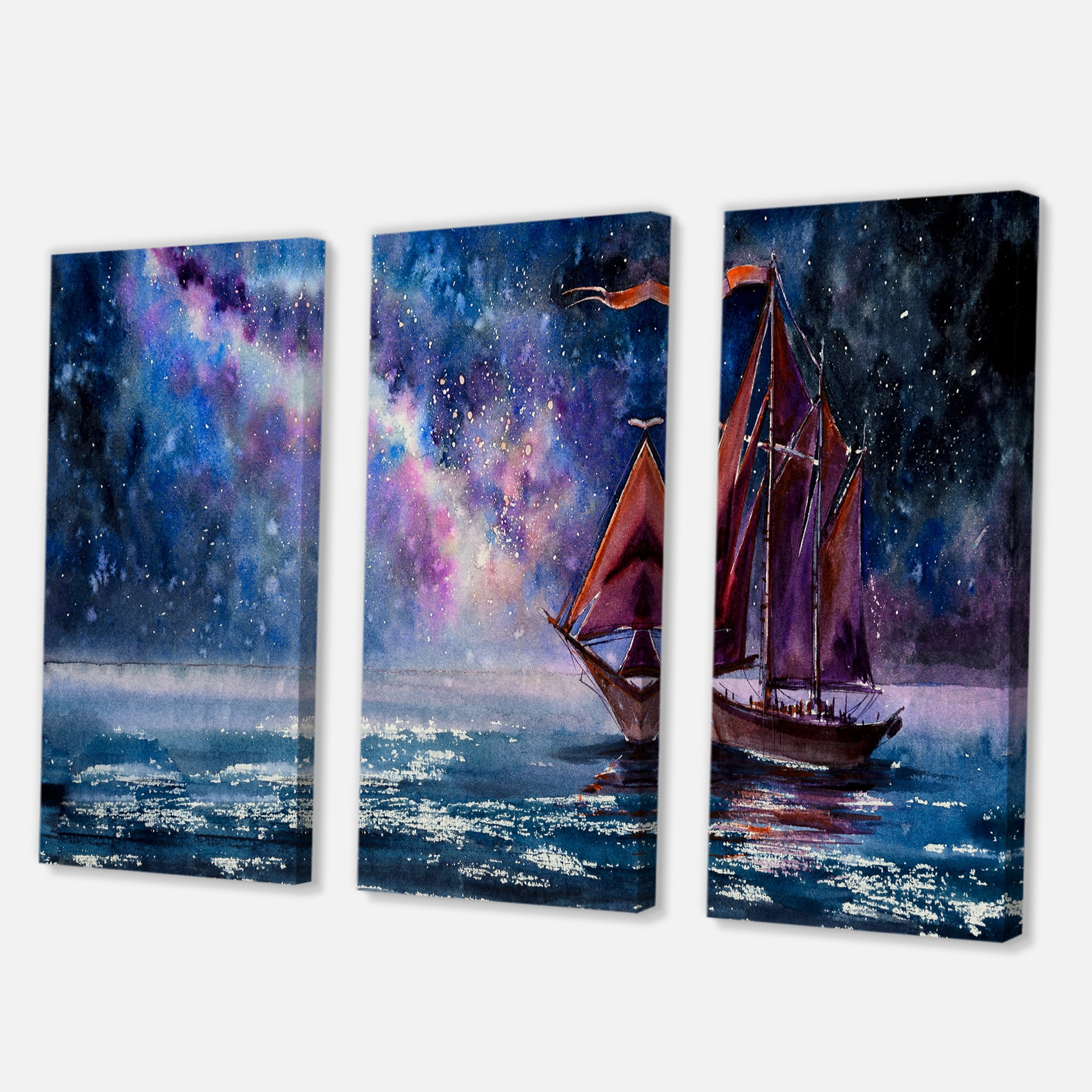 Designart ' Red Sails & Bright Night Sky With Wooden Sailboat ' Nautical & Coastal Canvas Wall Art Print